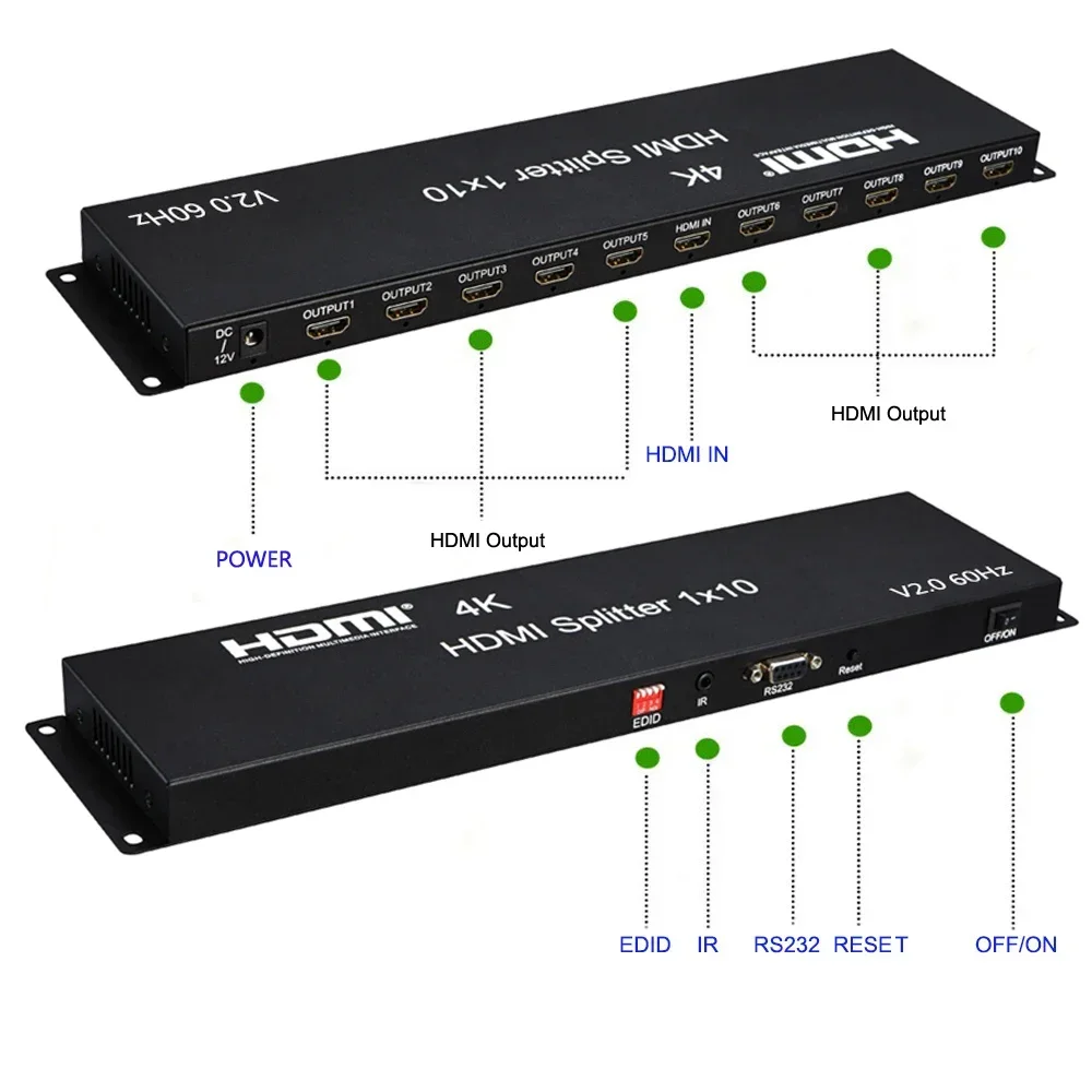 4K 60hz 1x10 HDMI Splitter Video Distributor 1 In 10 Out Multi Screen Display Video Converter for PS5 Camera PC To TV Monitor