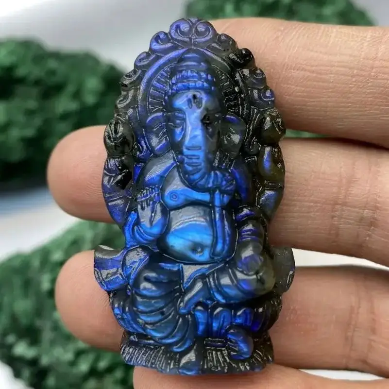 Natural Crystal Labradorite Hand-carved Lord Ganesha Statue Buddha Elephant hindu God Sculpture Figurines For Gift DIY Jewelry