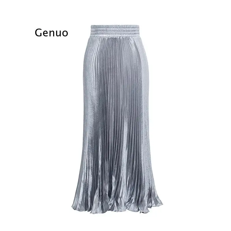 Vintage Cartoon Print Christmas Skirts Pleated Thin Silk Big Swing Umbrella Skirt Party Bright Satin High Waist Long Skirt Women