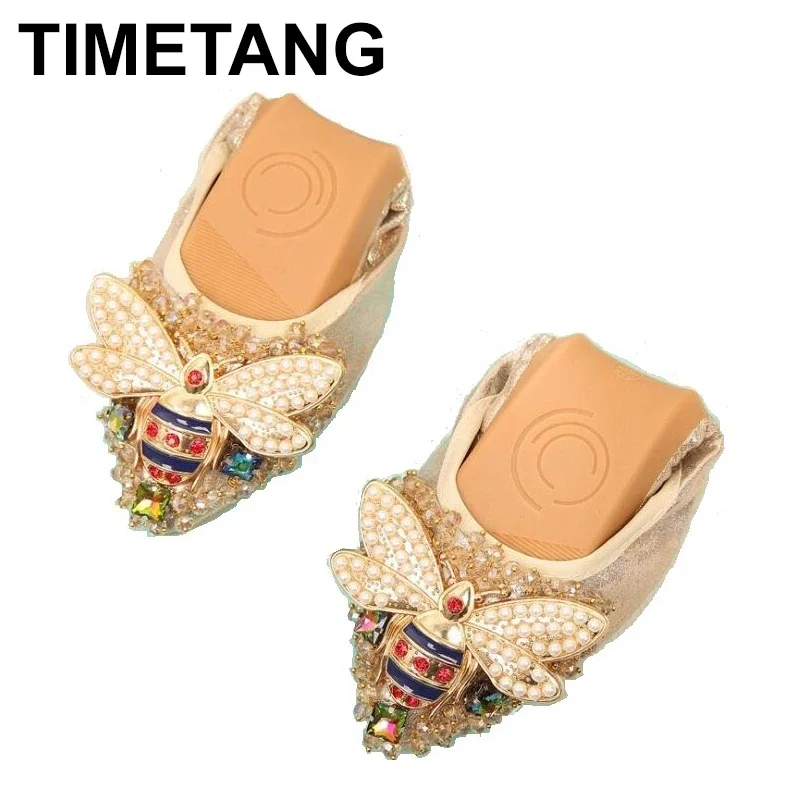 

TIMETANG Plus Size Designer Crystal Woman Flat Shoes Elegant Comfortable Lady Fashion Rhinestone Women Soft Bees Shoes C289