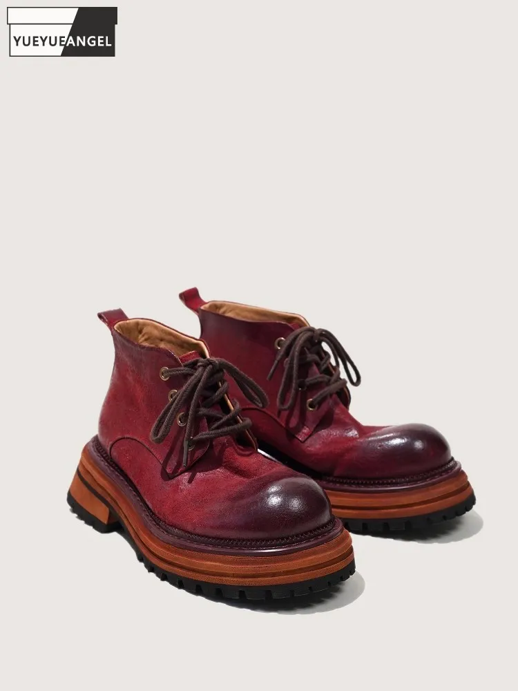 Moda hombres mujeres ocio punta redonda cuero de caballo cuero genuino tobillo con cordones zapatos al aire libre montar desierto botines hechos a mano