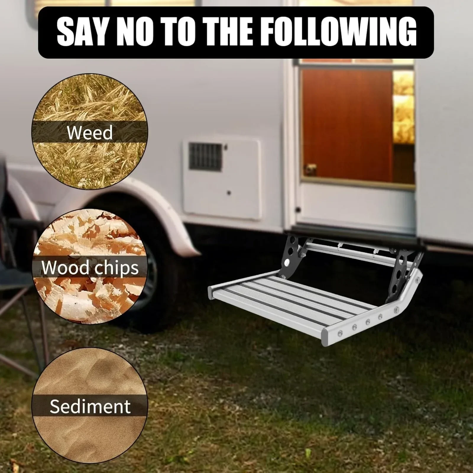 Manual RV Step Assembly Manual Aluminum Alloy Folding Single Step W|LED Light Bar 330Lbs Capacity RV Steps for Campers, Caravans