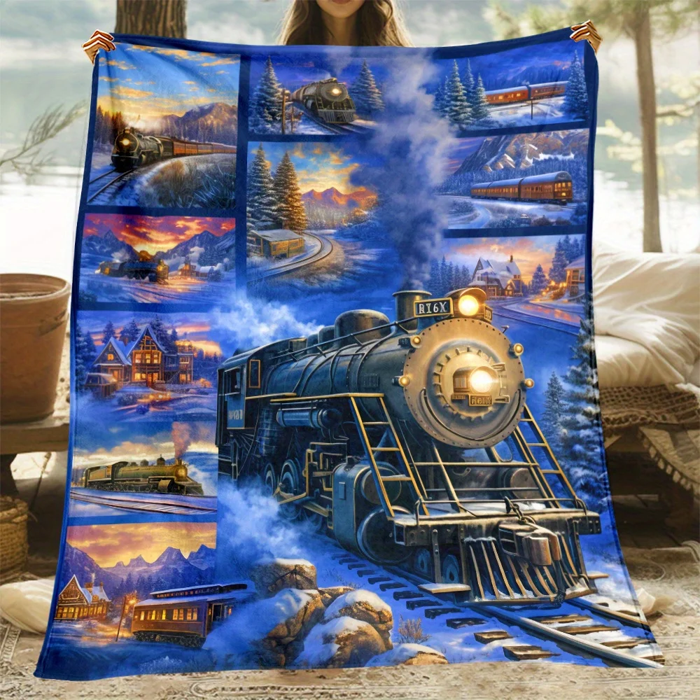 Custom Steam Train Blanket Vintage Locomotive Landscape Personalized Name Fleece Throw All Season Soft Warm Bedding Home Decor
