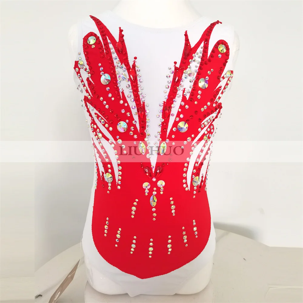 LIUHUO Rhythmic Gymnastics Leotard Aerobics Adult Women Girl Costume Performance Competition Dance Dress Sleeveless Red Children