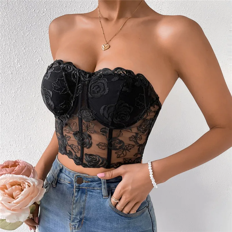 Women Sexy Corset Bra Lace Embroidery Floral See Through Off Shoulder Tank Top bralette Summer Mesh Strapless Backless Underwear