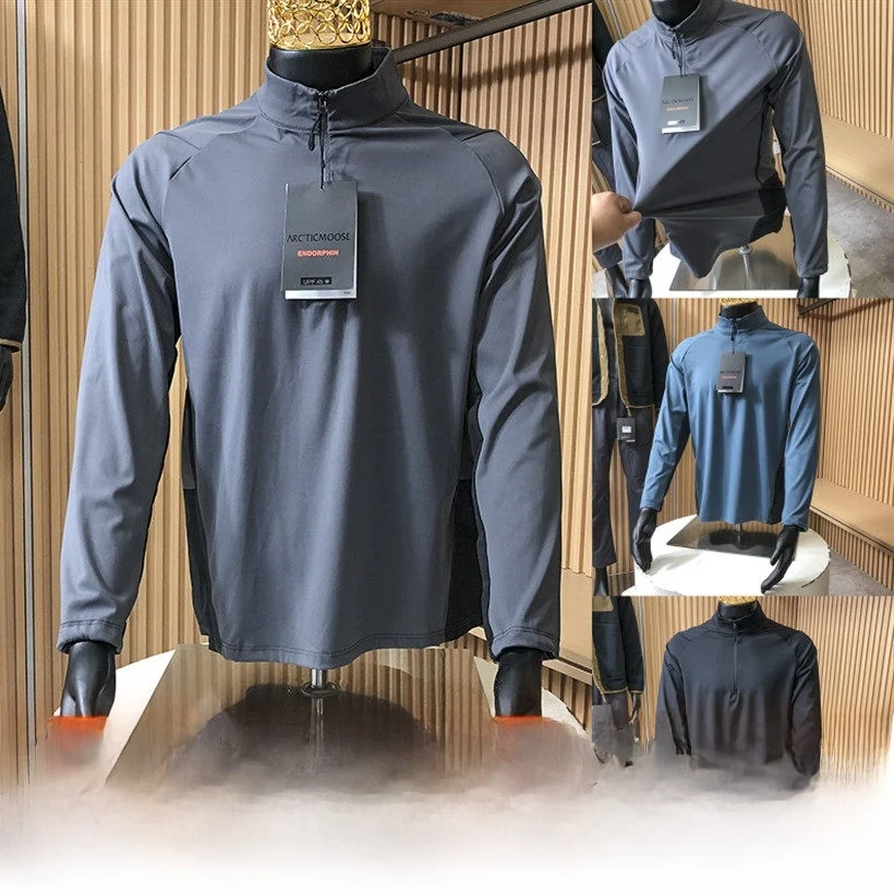 Laser Cut Splice Men's Outdoor Fly Sport Elastic Breathable Half Zip Stand Collar T-Shirt Skin-friendly Polyester Long Sleeve