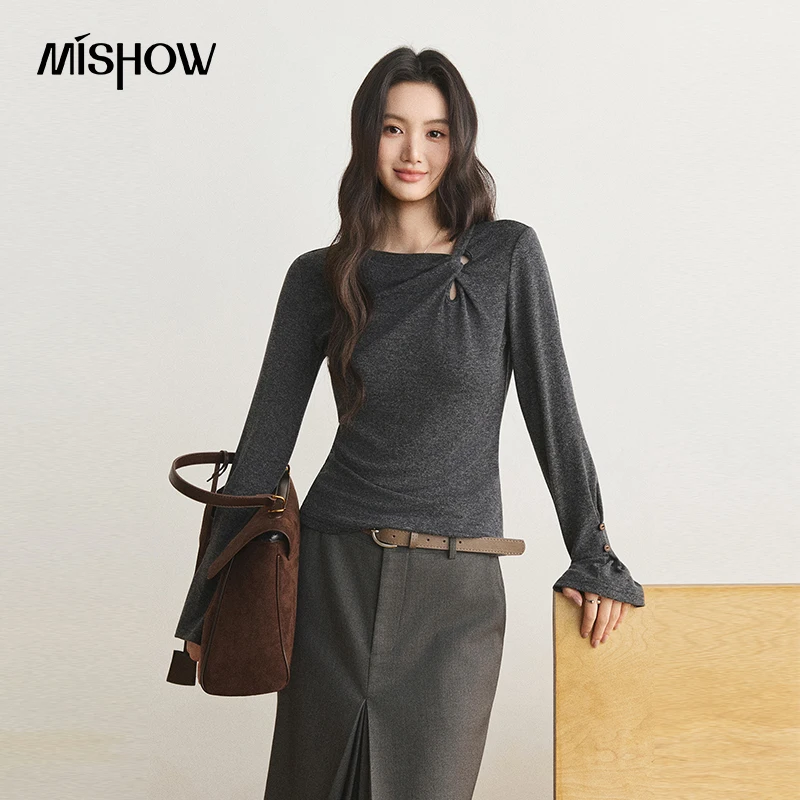 MISHOW Women's Long Sleeve Tops 2026 Fall Twist Slim Fit Split Flare Sleeve Daily T-shirt Versatile Layering Clothes MXF47T3323