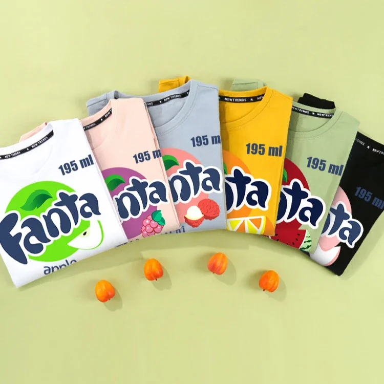 Camiseta de manga corta Fanta Beverage para hombre, con estampado de refresco de melocotón y naranja, diseño de dibujos animados de verano, ropa de marca moderna y popular.