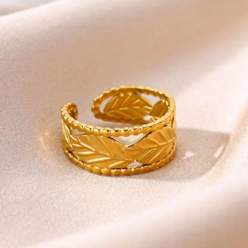 Vintage Hohlblatt-Ringe für Damen, goldfarben, Edelstahl, strukturiertes Blatt, verstellbarer Ring, Statement-Fingerschmuck, Geschenk