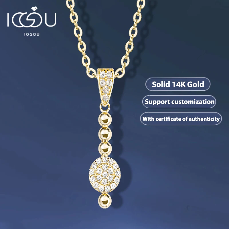 IOGOU 14K Solid Gold 1.2mm&1.3mm Zircon Round Pendant Original 925 Sterling Silver Link Chain Necklace Women Geometric Jewelry