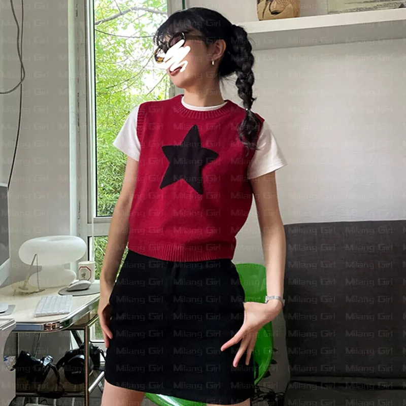Cool Girl Star Print Round Neck Sweater Korean Streetwear Retro Slim Kawaii Pullover Sleeveless Sweater Vests Autumn Streetwear