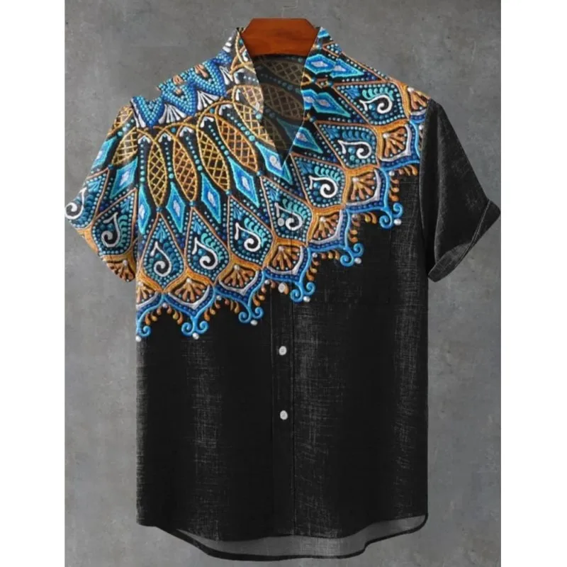 

2025 Men's Mandala Flower Pattern Short Sleeve Shirt Summer Vintage New Linen Shirt Men's Short Sleeve Holiday Streetwear