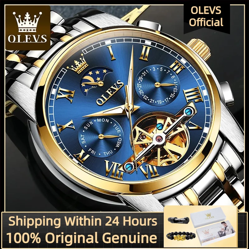 OLEVS Лучшие роскошные мужские автоматические механические часы, классические водонепроницаемые мужские часы из нержавеющей стали со скелетом и фазой луны6617