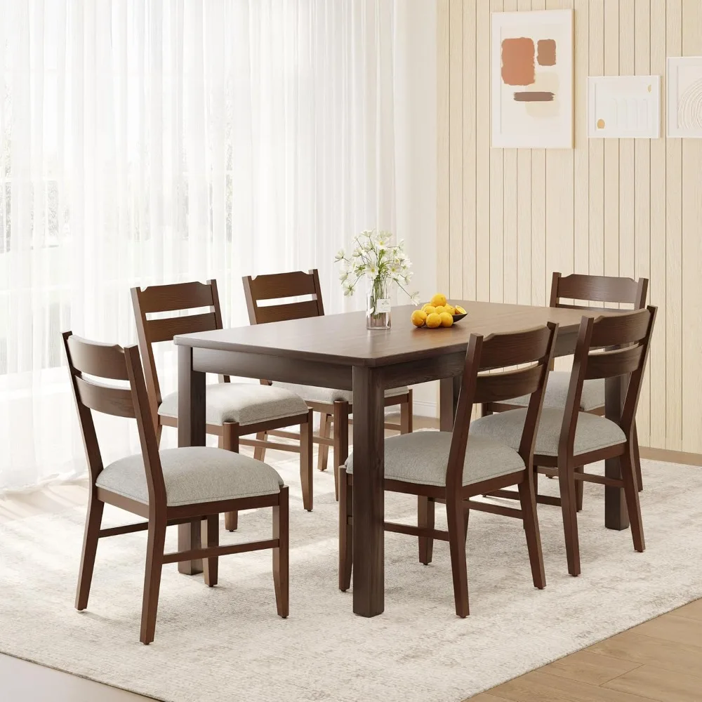 

COLAMY Wooden Dining Chair with Fabric Upholstered Seat Set of 6, Modern Farmhouse Ladder Back Dining Room Chair.