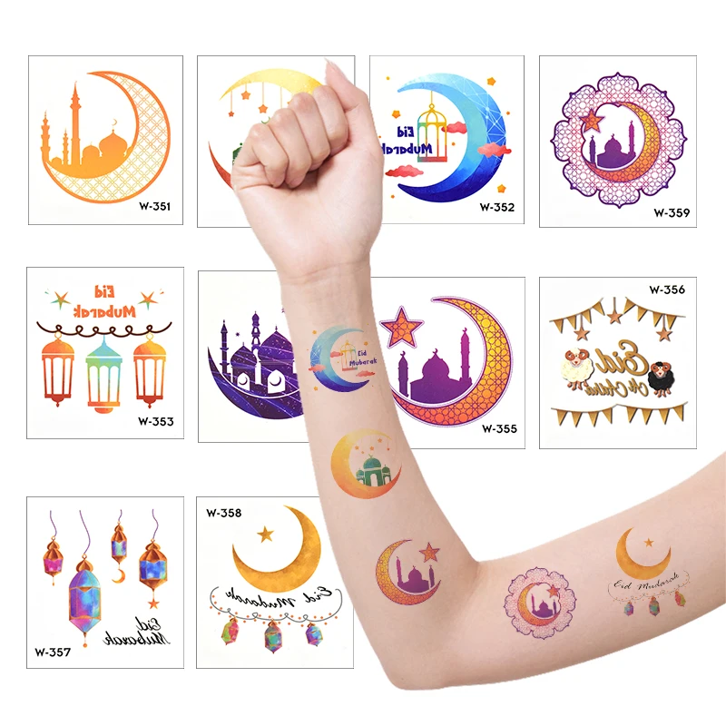 

10Pcs Eid Mubarak Temporary Tattoo Sticker Ramadan Decoration Moon Mosque Stickers Islamic Muslim Festival Party Supplies Gift