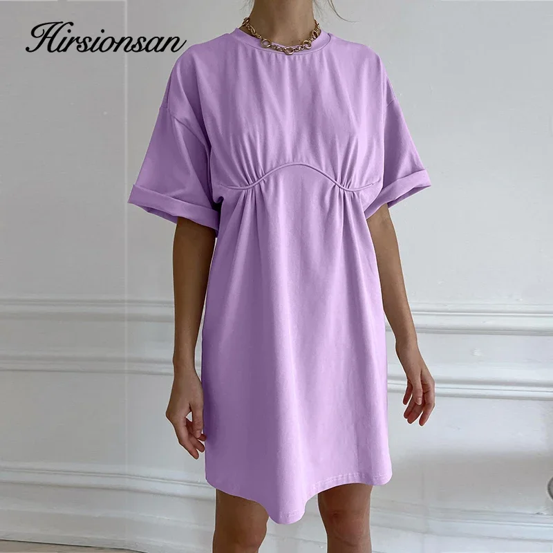 Hirsionsan Soft Cotton T Shirt Dresses Women Summer Harajuku High Waist A Line Mini Dress Female Long Tees Casual Loose Clothes