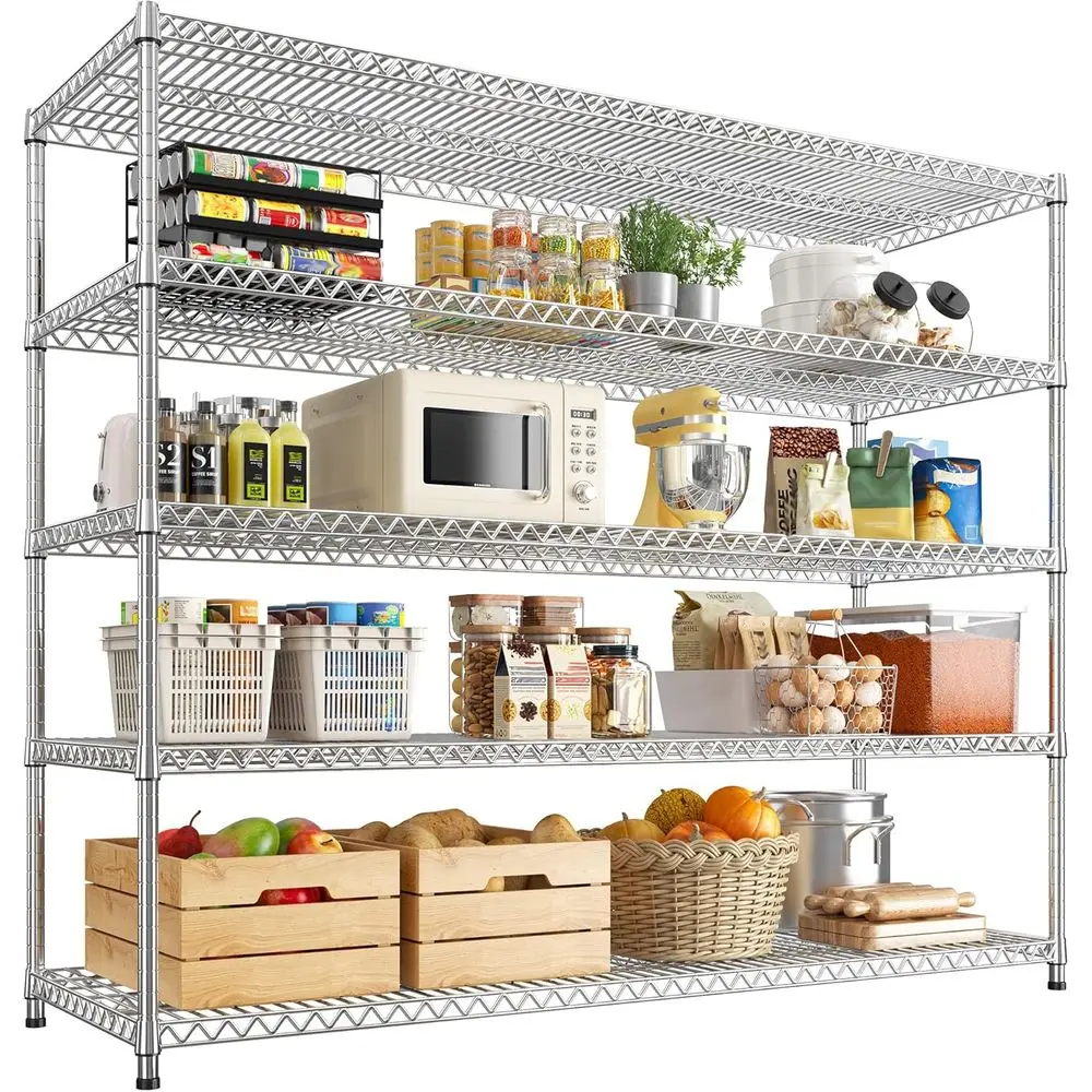 55.5 Wide 5-Tier Heavy-Duty Metal Wire Shelving, 3200 lbs Capacity, Garage Storage Rack, Adjustable Commercial Shelves, Chrome