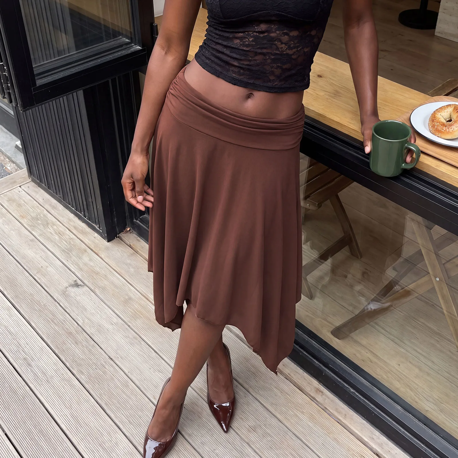 2027 Early Autumn Women's Sexy Low-Rise Casual Asymmetrical Hem Midi Skirts Vintage Ladies Solid-Color Casual Flowy A-Line Skirt