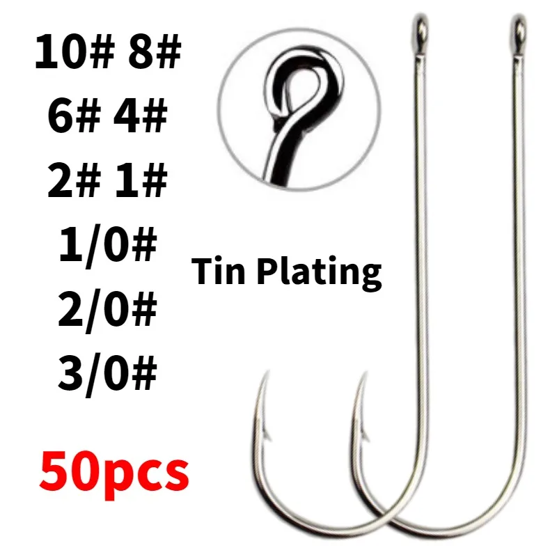 50pcs Long Shank Fishing Hooks Saltwater Tin Plating Circled Fishhooks High Carbon Steel Having Barbs Offshore Angling Lure