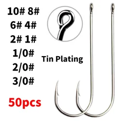 50pcs Long Shank Fishing Hooks Saltwater Tin Plating Circled Fishhooks High Carbon Steel Having Barbs Offshore Angling Lure