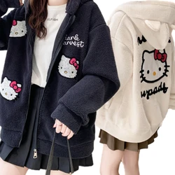 Hello Kitty 2024 New Plush Jacket Women Kawaii Winter Loose Long Sleeve Cardigan Coat Girls Casual Soft Warm Thick Hoodies Gifts