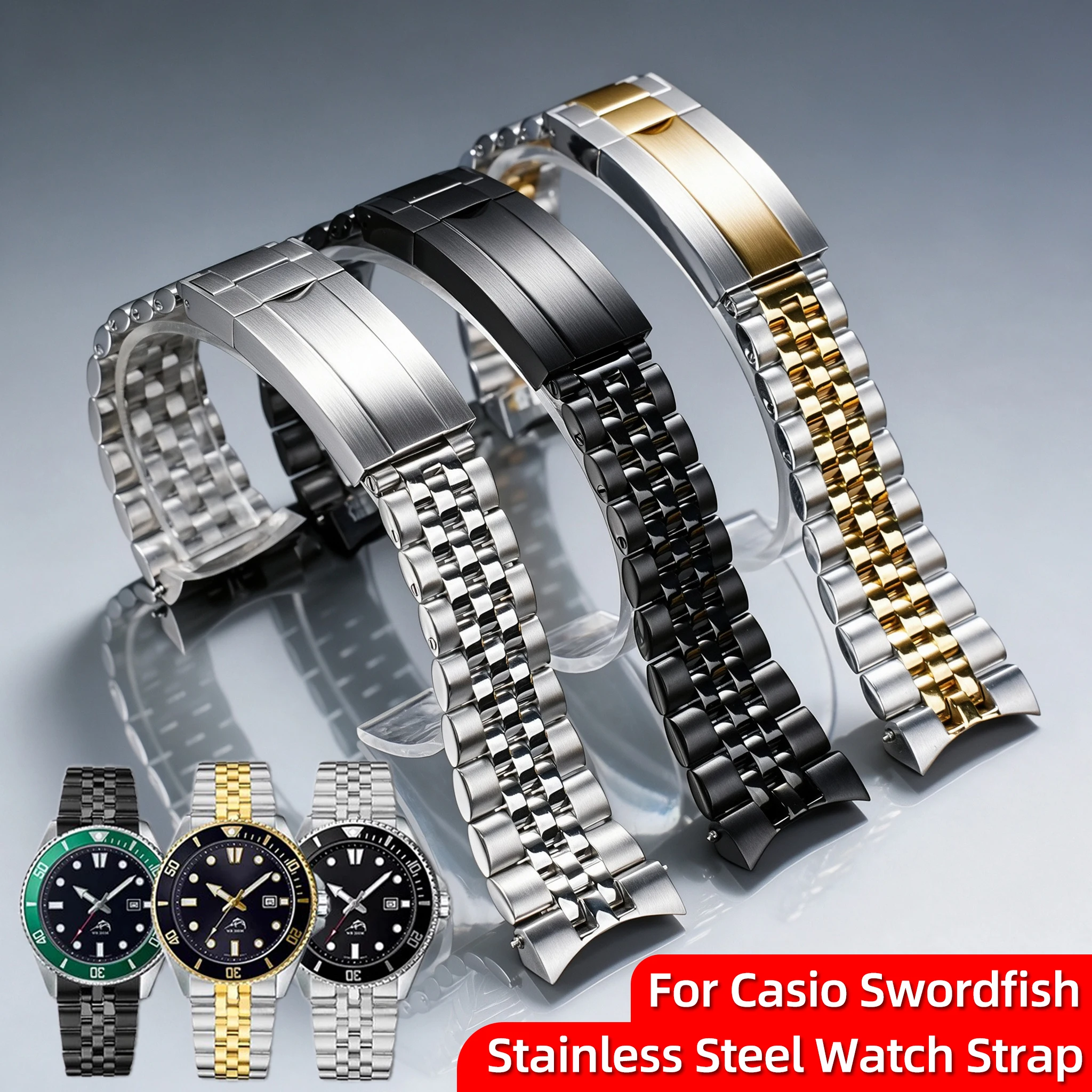 For Casio MDV-106 MDV-107 Watch Strap Swordfish MDV106 MDV107 Curved End Stainless Steel Bracelet Watchband Men Metal Band 22mm