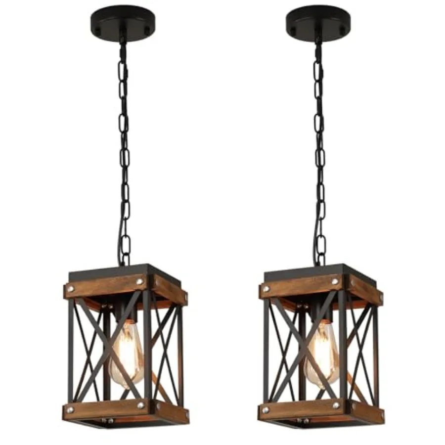 

Pack Rustic Farmhouse Wood Pendant Light Fixture One-Light Adjustable Chain Oak Wood and Metal Lantern Cage Pendant Lighting fo