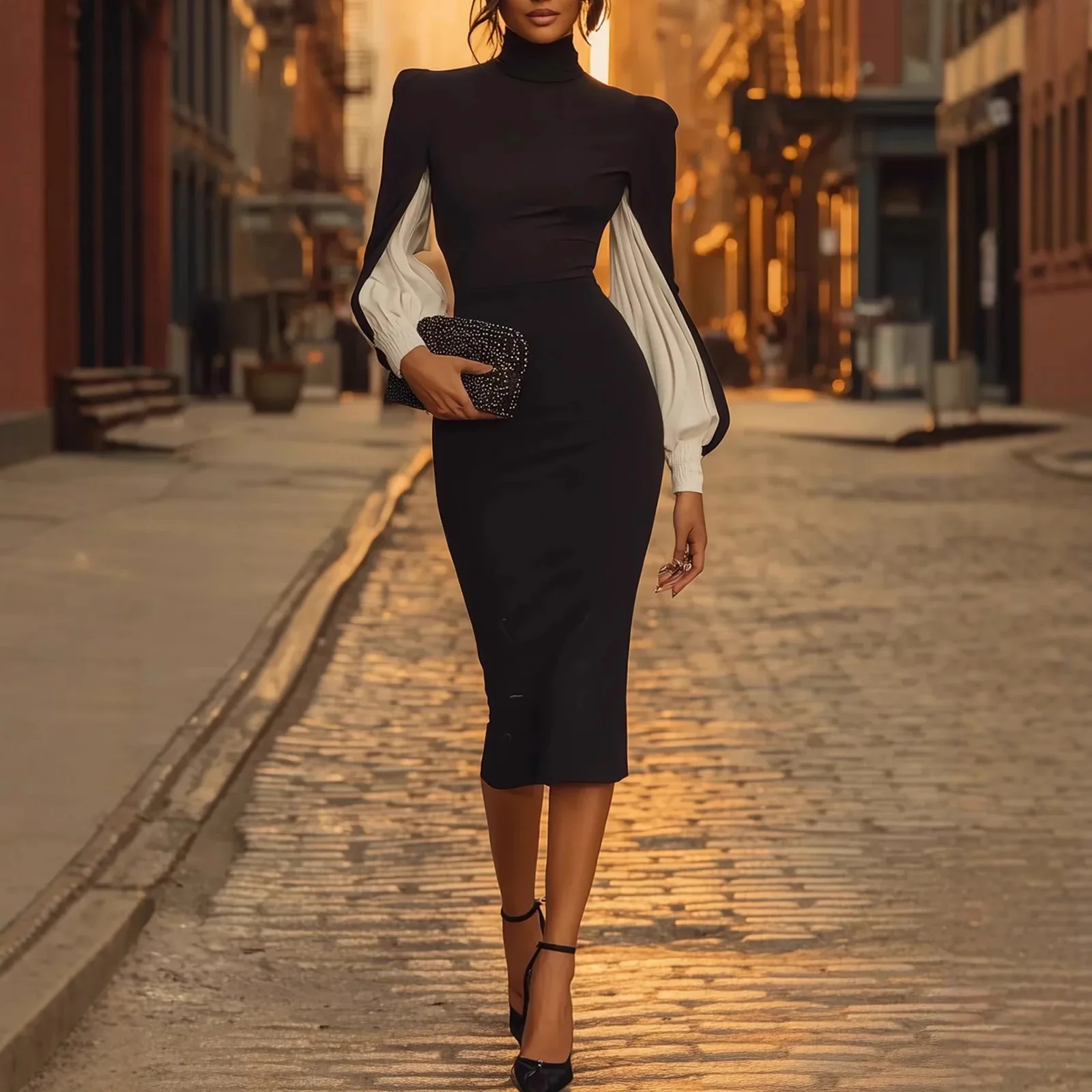 

2026 Spring Summer New Arrivalfashion Slit Hip-hugging Dress Elegant High Collar Color Matching Skirt
