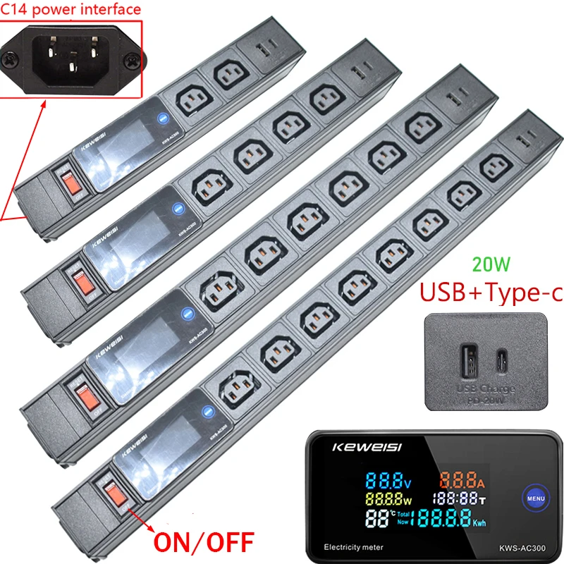 

Power Strip Power Energy Volt Watt Kwh Meter Switch USB+Type-C 2/3/4/5/6/7/8/9 C13 Socket Extension C14 interface