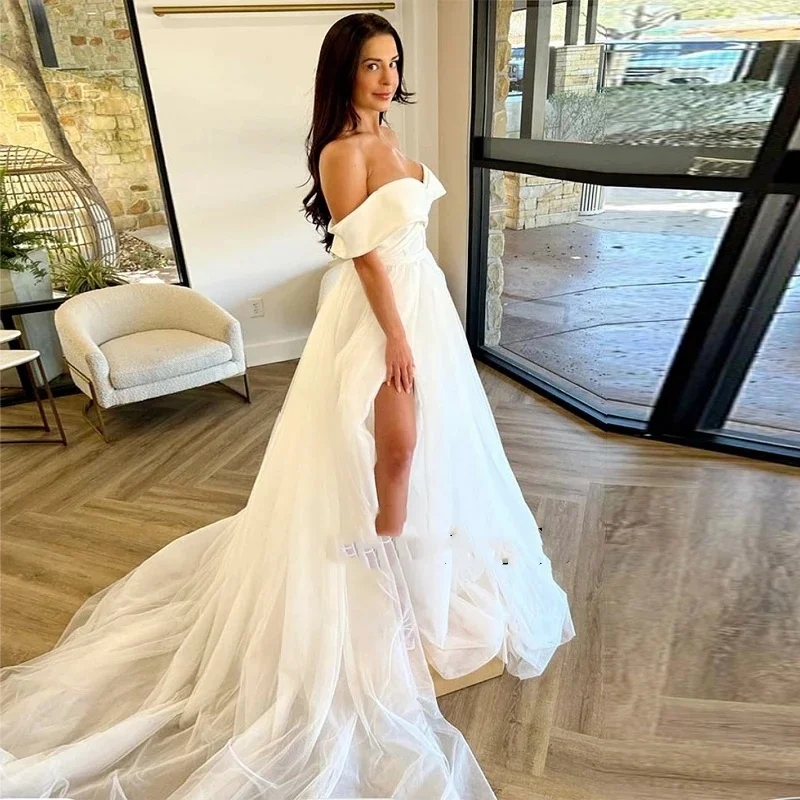 Off the Shoulder High Slit Beach Wedding Dresses Destination Bridal Gown For Women  Custom Made Elegant  Stunning Bridal Gowns