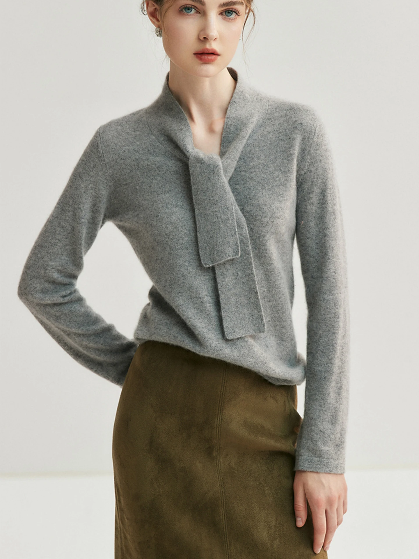 

Модный вязаный свитер с длинными рукавами, приятный для кожи, осенне-зимний, однотонный, базовый слой, с поясом, стильный дизайн