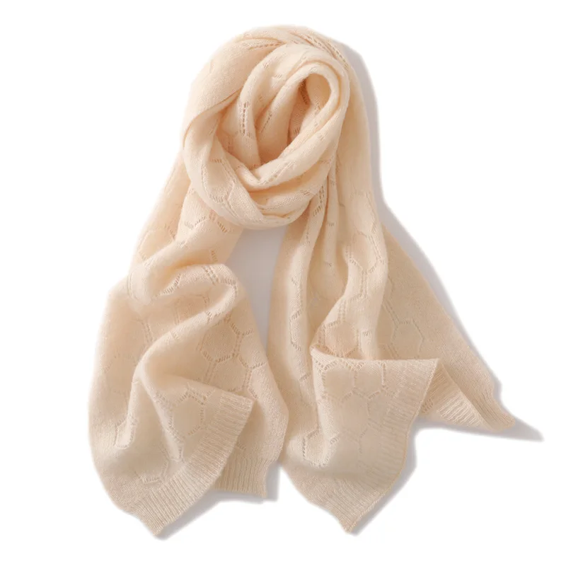 Autumn And Winter New Openwork Jacquard 100% Pure Wool Scarf Female Thin Warm Knit Solid Color Shoulder Pad Neck Scarf