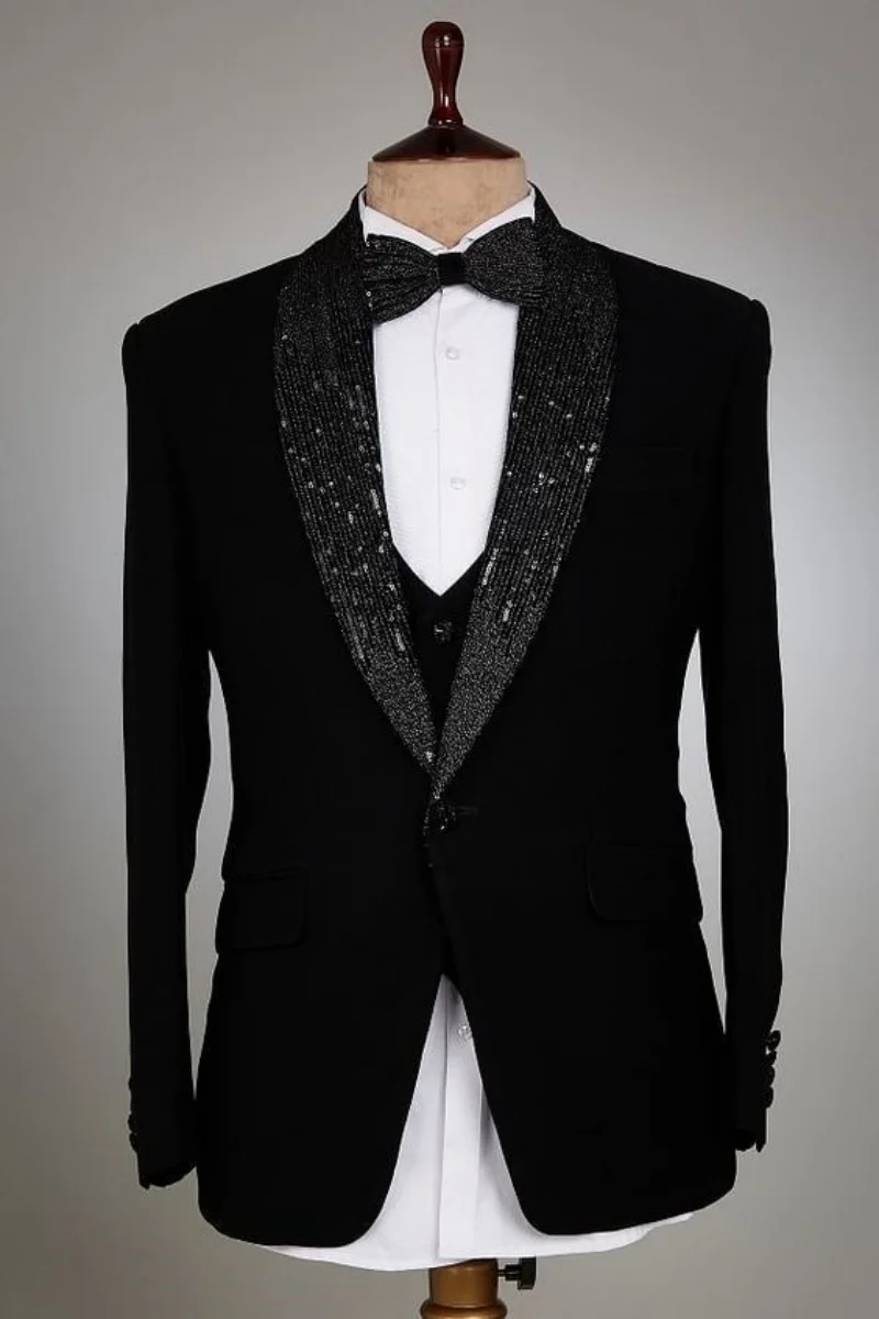 

Black Velvet Diamonds Men Suits 3 Piece Groom Wedding Blazer Pants One Button Tuxedo Formal Diamonds Prom Plus Size Tailored