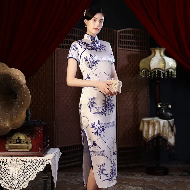 6XL Traditional Printing Flowers Slim Cheongsam Summer Chinese Style Wedding Dresses Women Party Modern Mid-length Qipao Dress