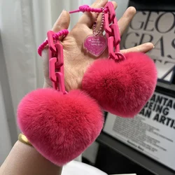 New Creative Real Fur Rex Rabbit Hair Pink Love Chain Car Keychain Exquisite Schoolbag Pendant Couple Pendant Cute Keychain