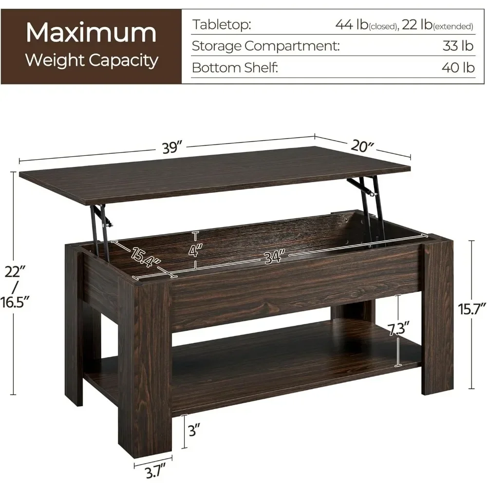 Table basse relevable avec compartiment GNE et étagère de rangement, table de salle à manger montante pour salon, 38,6 pouces L, expresso