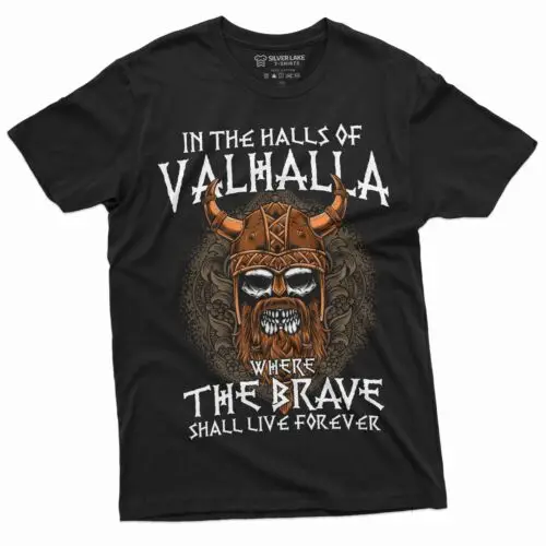 Men's Halls of Valhalla Viking T-shirt Skull Helmet Norse Mythology Nordic Tee