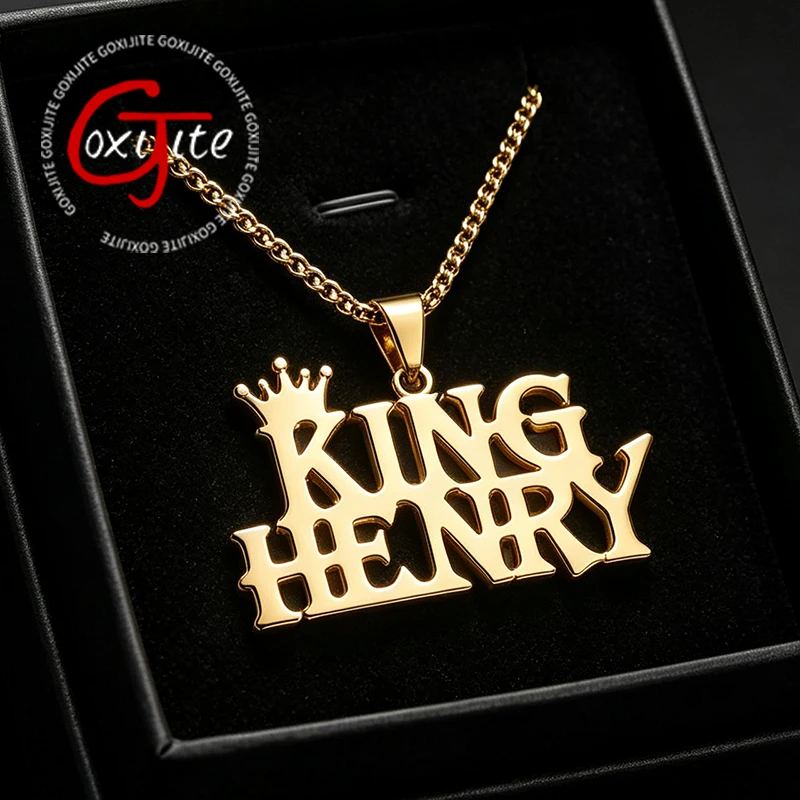 Goxijite Customize Name Crown Pendant Stainless Steel Personalized Names Letter Necklaces For Men Women Party Jewelry Gift