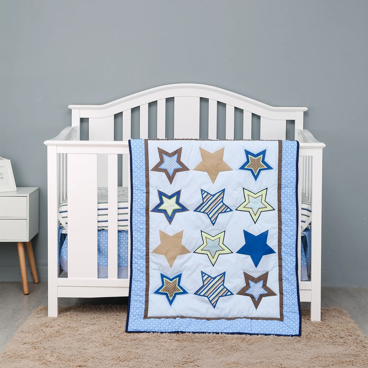 

3Pcs Blue Stars baby crib bedding set For Boys Girls kit berço para bebê Standard Size (Baby Comforter Fitted Sheet Crib Skirt)