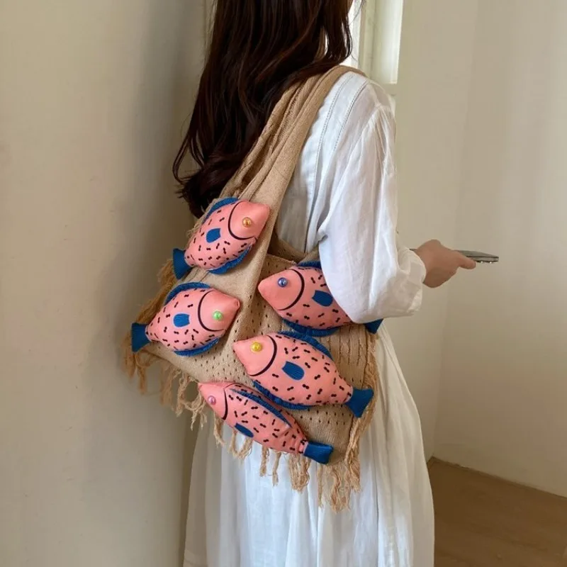 

Women's Casual Knit Mesh Tote Bag with Fish Decoration, Casual Style for Daily Use, Shopping, Dating, Commuting and Short Trips