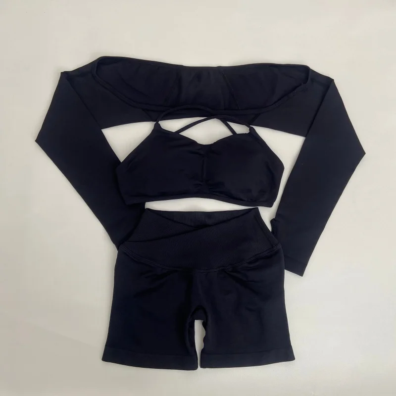 Yoga Vision Shrug 3 Pieces Top Leggings Gym Set Women's Seamless High Elastic Longline Vest Buttock lift Exercise Shorts Set - Image 4