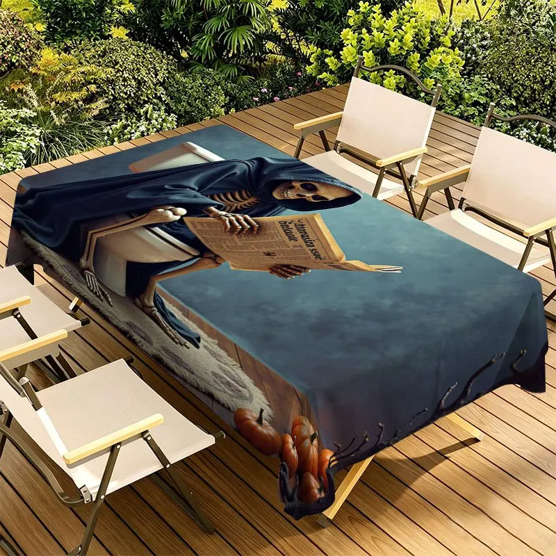 Halloween Rectangle Table Cloth Humorous Skeleton Reaper Newspaper Pumpkin Tablecloth Spooky Indoor Outdoor Kitchen Party Decor