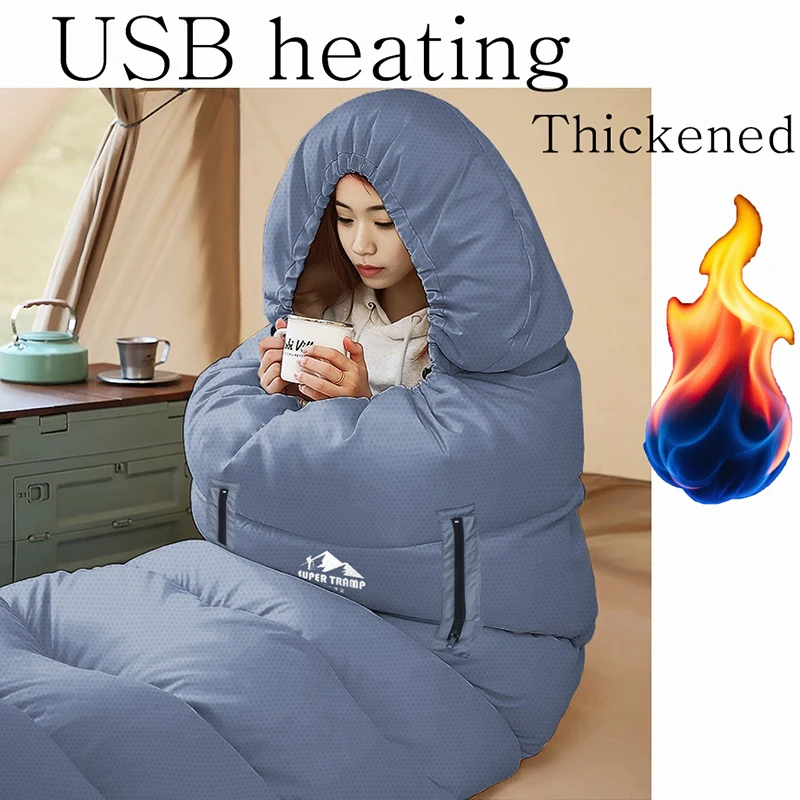 USB Heating Thickened Sleeping Bag Camping Hiking Connection To Power Bank Winter Autumn Sleeping Bag Outdoor Survival Camp Gear