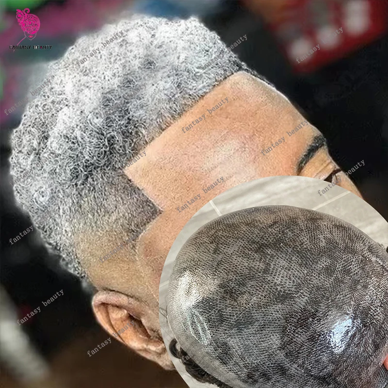 

Мужской парик-накладка 6 мм, афро-кудрявый, серо-черный 1B40 1B80, прочная кожаная основа, натуральная линия роста волос, система замещения волос