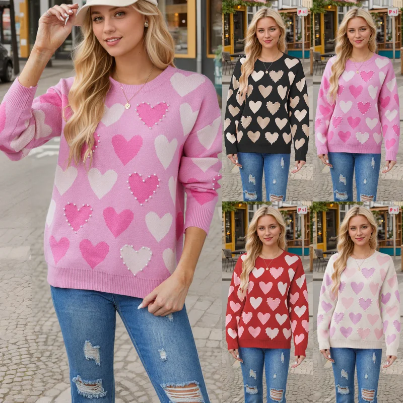 

2024Autumn and Winter NewTemuHot Sale Valentine's Day round Neck Handmade Beaded Heart Peach Pullover Sweater