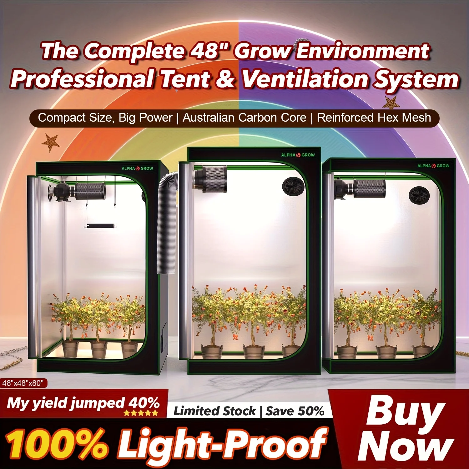 

ALPHAGROW Indoor Grow Room Bundle - Reflective Grow Tent 48"x48"x80", Quiet Inline Fan With Speed Control, RC412 Charcoal Filter