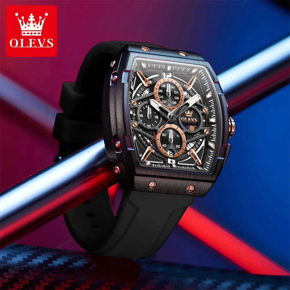 OLEVS 2975 ساعة رجالي أصلية فاخرة Tonneau ساعة كوارتز مجوفة مقاوم للماء سيليكون ماركة ساعة رجالية ساعة رياضية خارجية