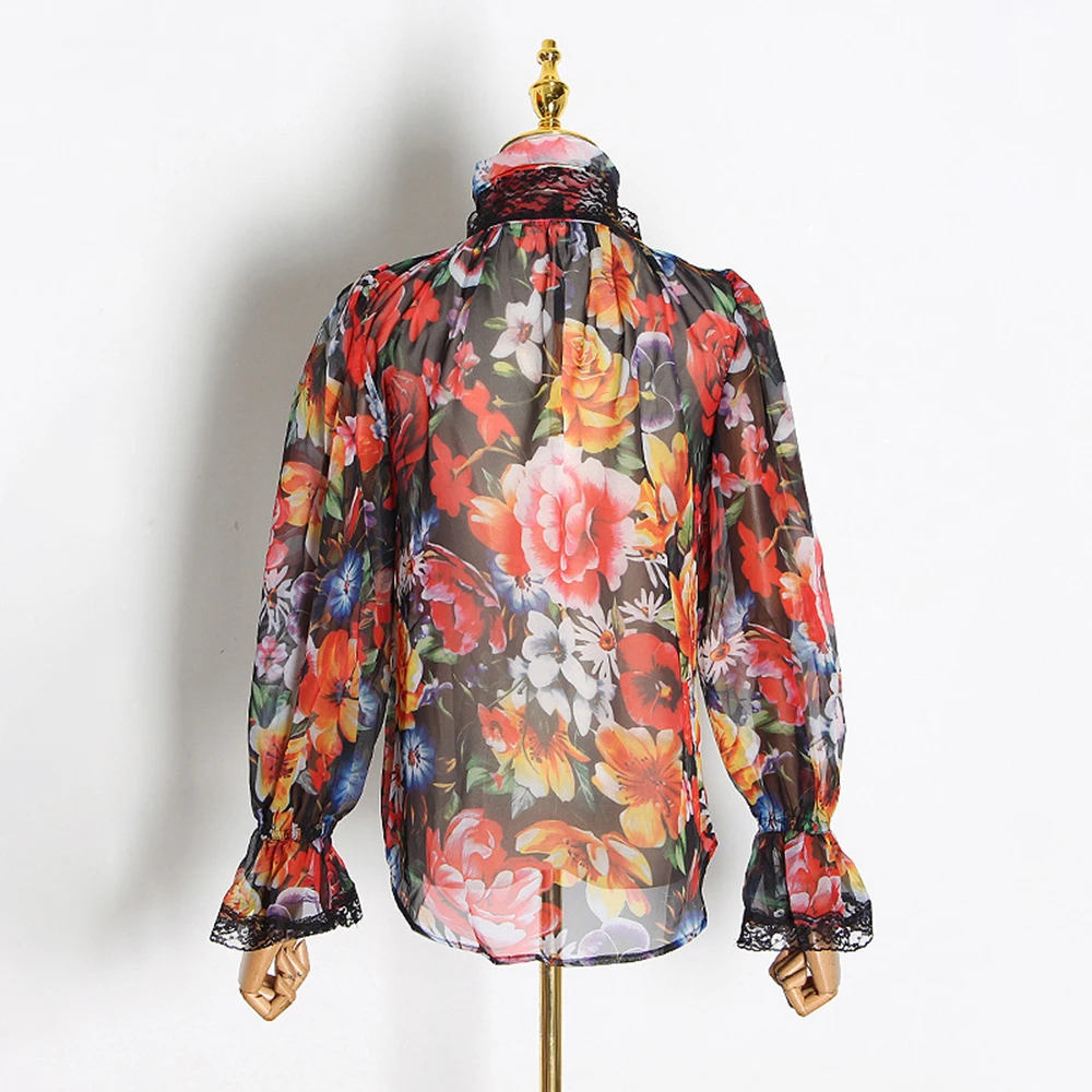 VGH Hit Color Floral Printing Patchwork Lace Up Shirts For Women Stand Collar Flare Sleeve Spliced Single Breasted Blouse Female