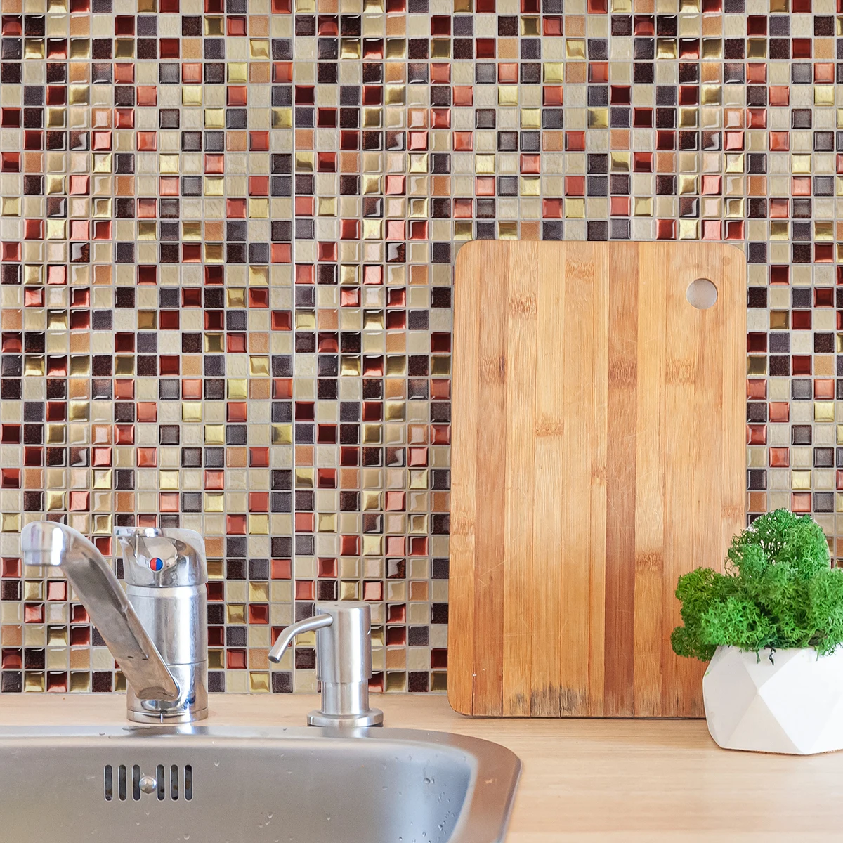 5/10pcs 3D Golden Mosaic Self-Adhesive Tile Stickers, Waterproof Oil-Resistant Backsplash for  Room Decor
