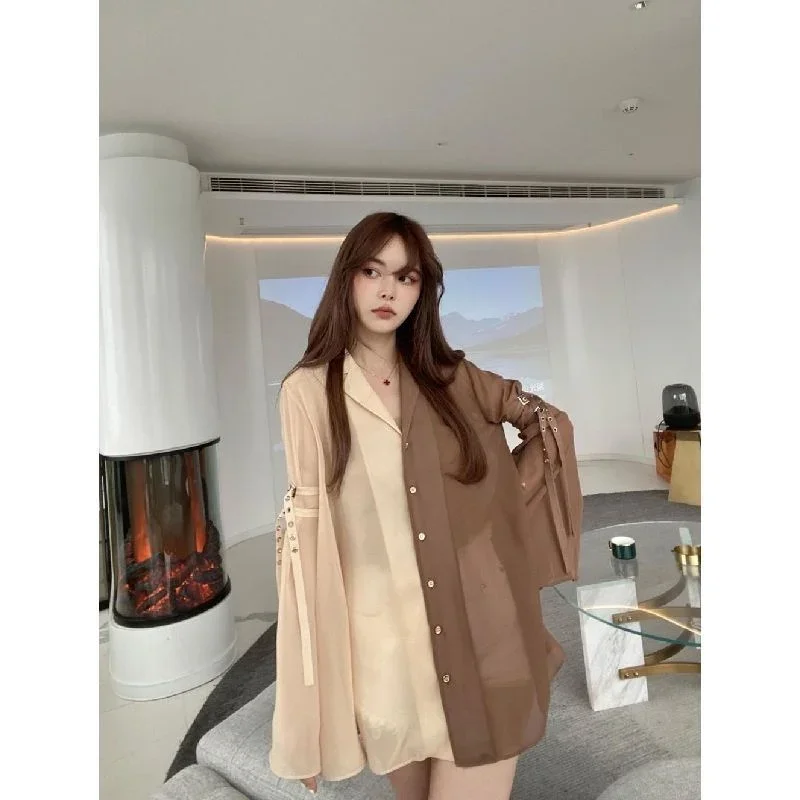 French Sunscreen Top Contrast V-neck Chiffon Shirt Women Vintage Blusas Mujer Loose Flare Sleeve Blouse Bandage Suits Tops